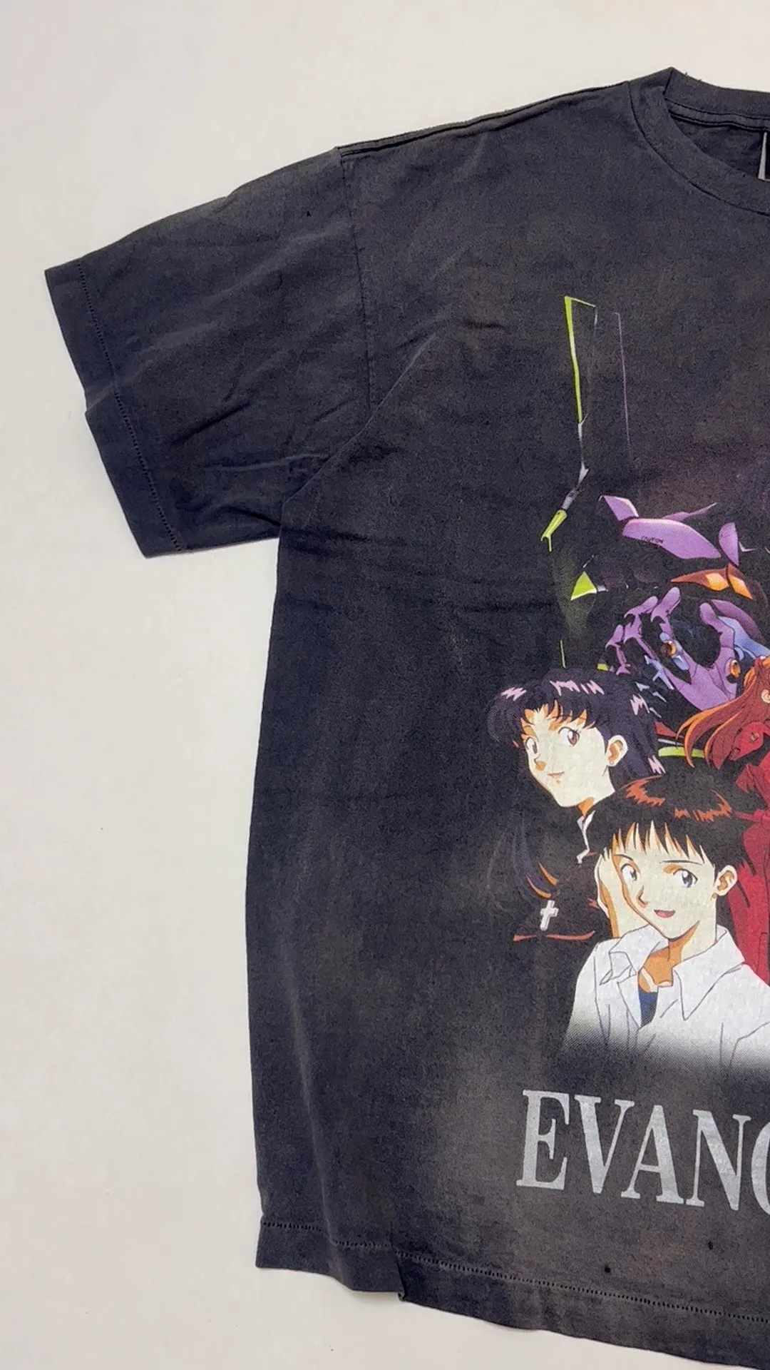 SAINT Mxxxxxx × EVANGELION NEON GNSIS TEE/BLK co-branded Neon Genesis Evangelion distressed short-sleeves, washed black S-XL, vintage NEW VINTAGE, top printing technology, garment dyeing, re-washed, distressed, correct co-branded main mark/washing mark